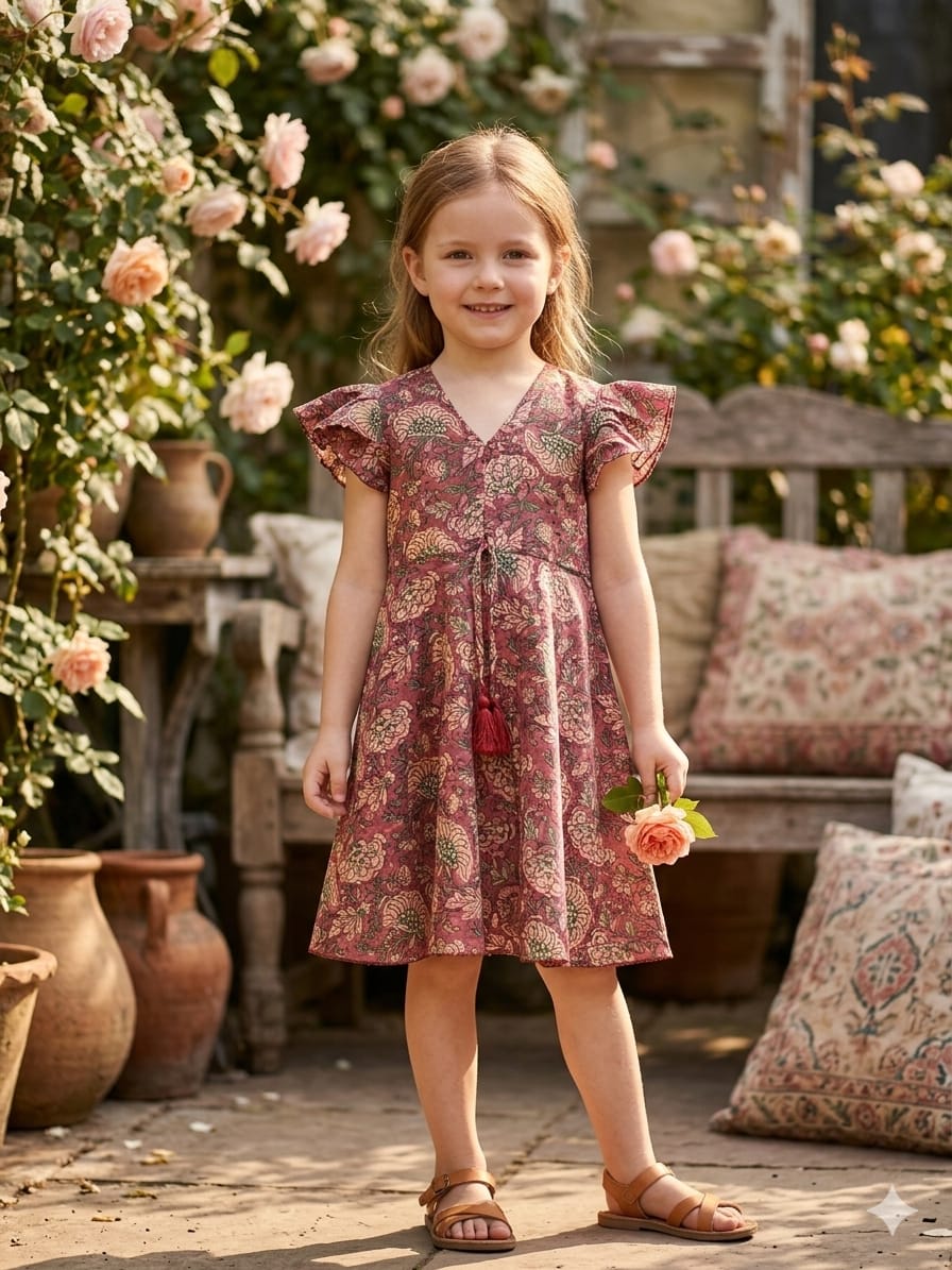 Mom & Me Majenta Floral Printed Chanderi Umbrella Style A-Line Dress with Drawstring Waist