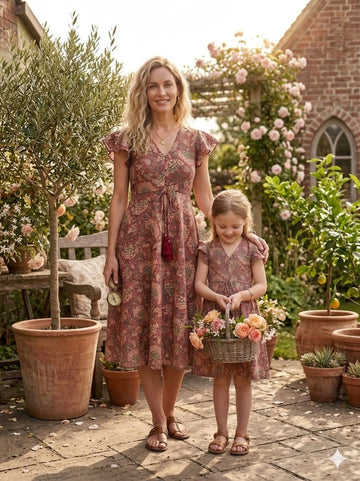 Mom & Me Majenta Floral Printed Chanderi Umbrella Style A-Line Dress with Drawstring Waist