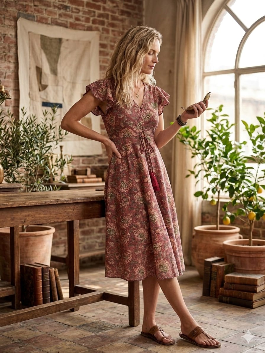 Mom & Me Majenta Floral Printed Chanderi Umbrella Style A-Line Dress with Drawstring Waist