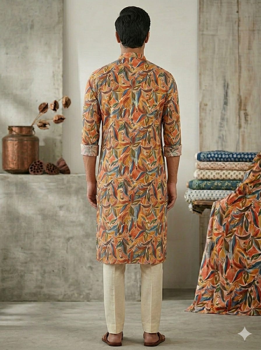 Men’s Cotton Abstract Foliage Leaf Printed Kurta For Wedding & Festival Outfit
