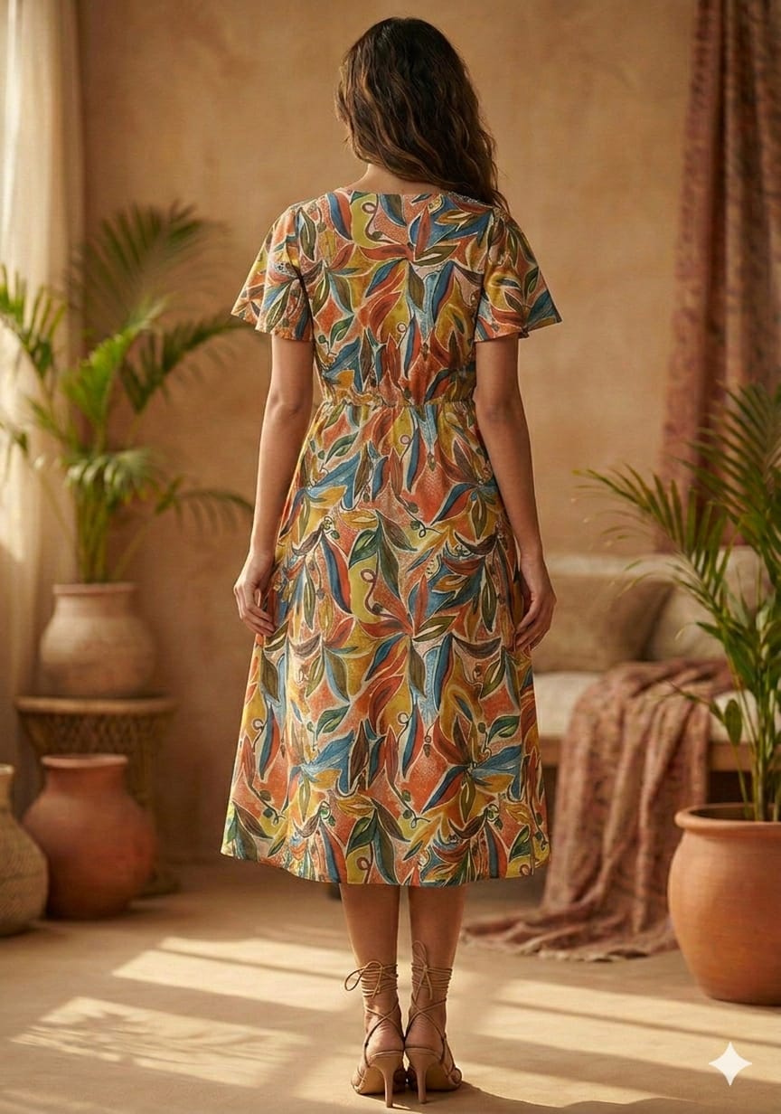 Women’s Cotton Abstract Foliage Leaf Printed Umbrella Style A-Line Dress