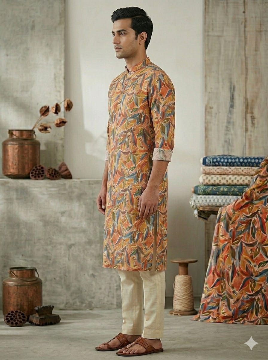 Men’s Cotton Abstract Foliage Leaf Printed Kurta For Wedding & Festival Outfit