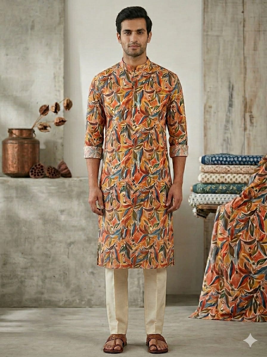 Men’s Cotton Abstract Foliage Leaf Printed Kurta For Wedding & Festival Outfit