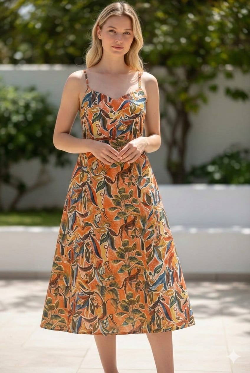 Women’s Cotton Abstract Foliage Leaf Printed Strappy Midi A-Line Dress with Back Bobbin Style