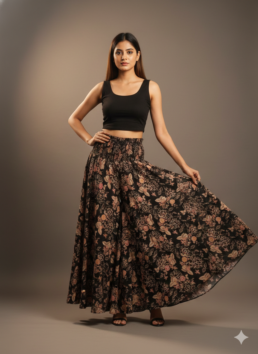 Women's Black Floral Print High-Waist Flared Lehenga Skirt
