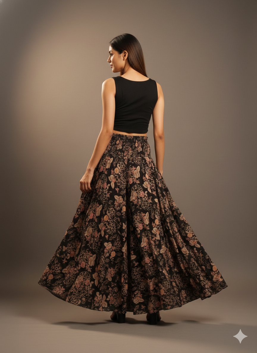 Women's Black Floral Print High-Waist Flared Lehenga Skirt