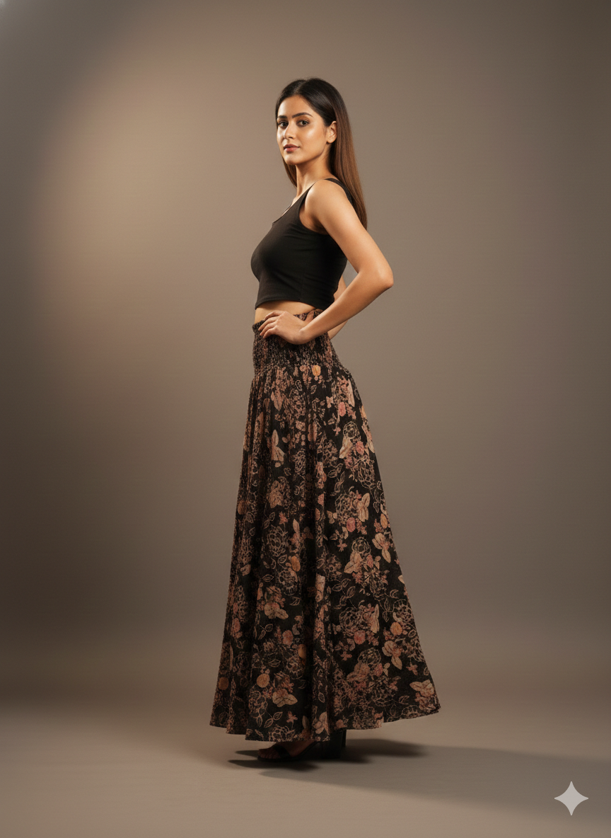 Women's Black Floral Print High-Waist Flared Lehenga Skirt