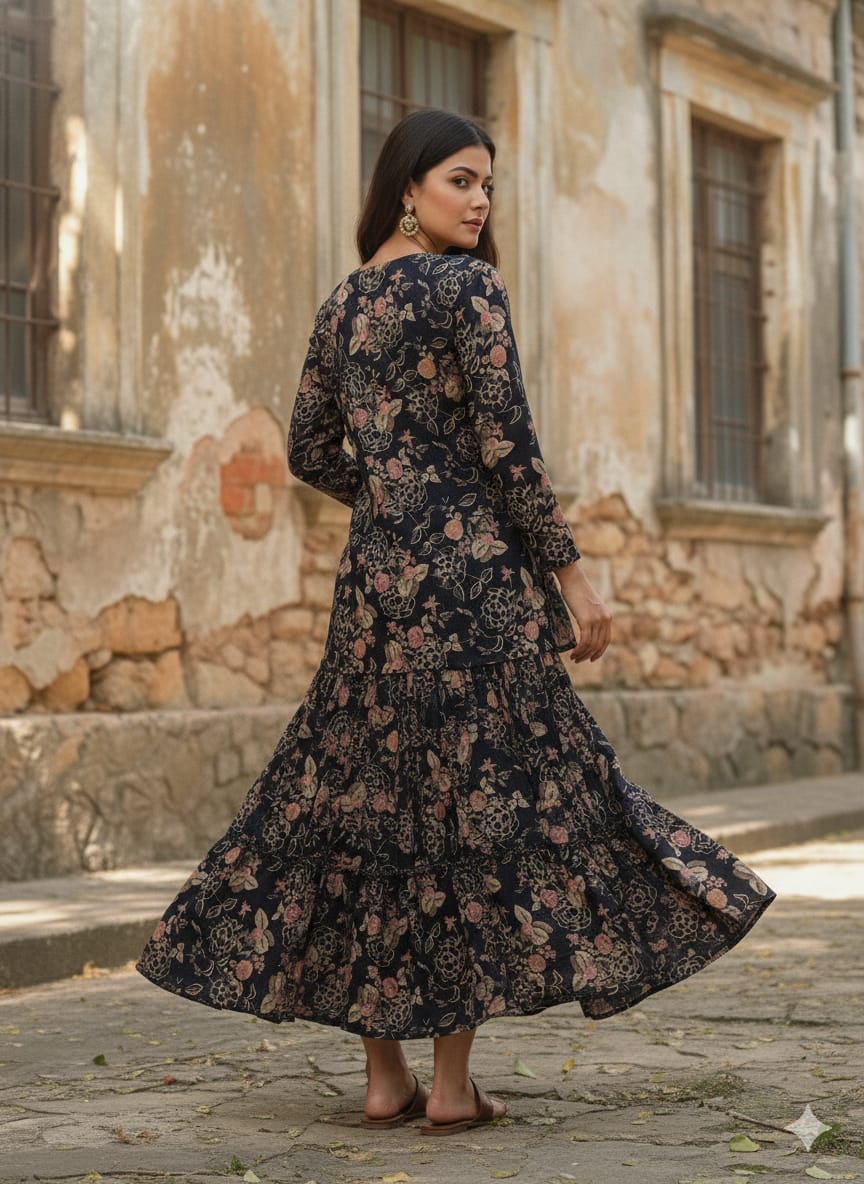 Women’s Gold Rose Floral Printed Cotton Kurta with Flared Skirt Set