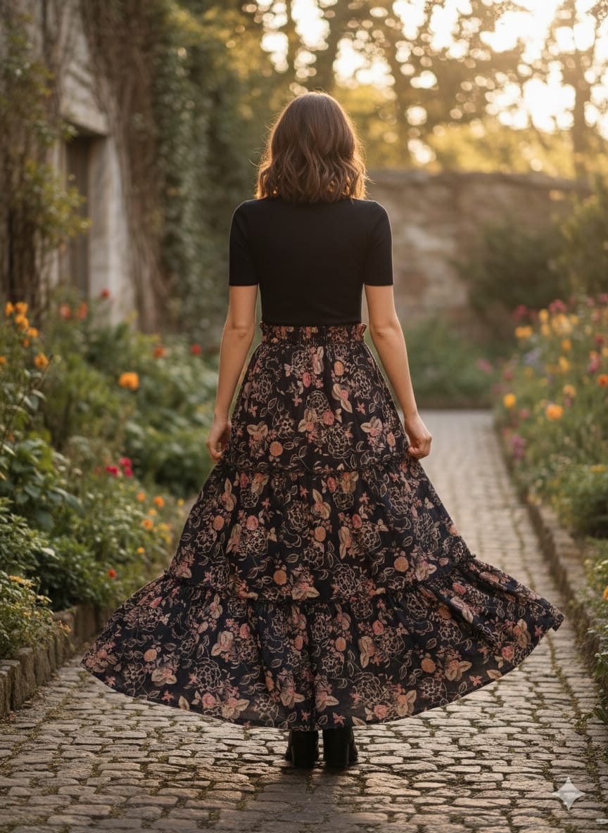 Women’s Black Gold Rose Floral Printed Cotton Tiered Skirt