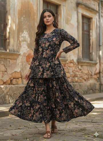 Women’s Gold Rose Floral Printed Cotton Kurta with Flared Skirt Set