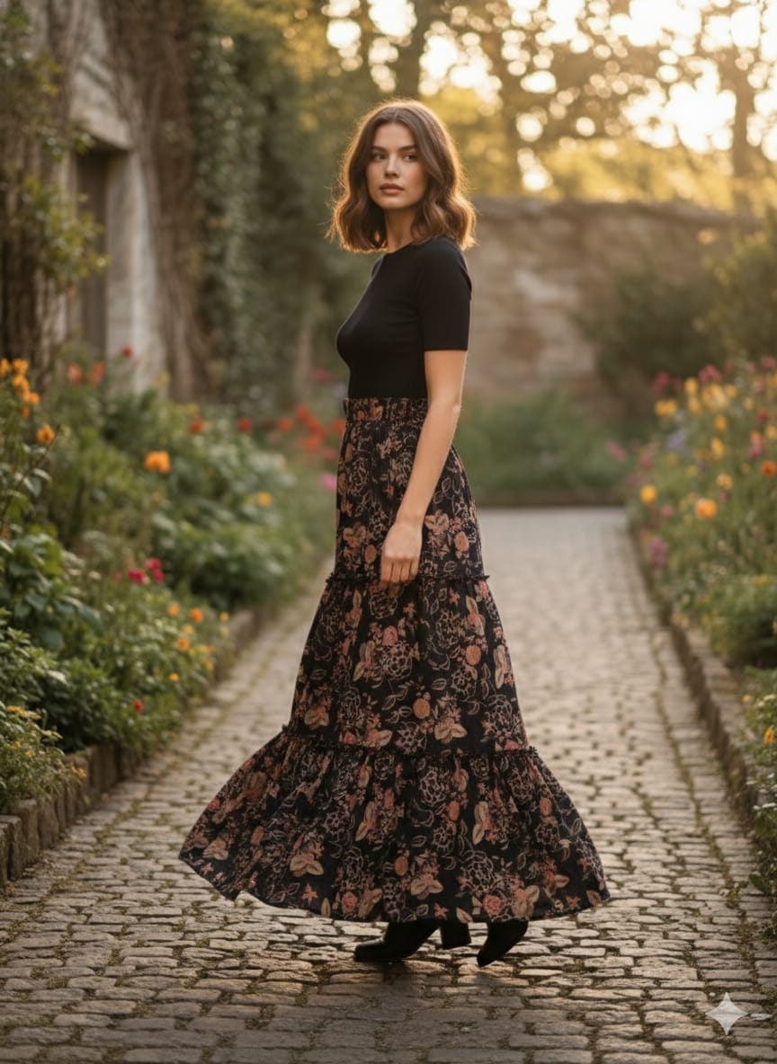 Women’s Black Gold Rose Floral Printed Cotton Tiered Skirt