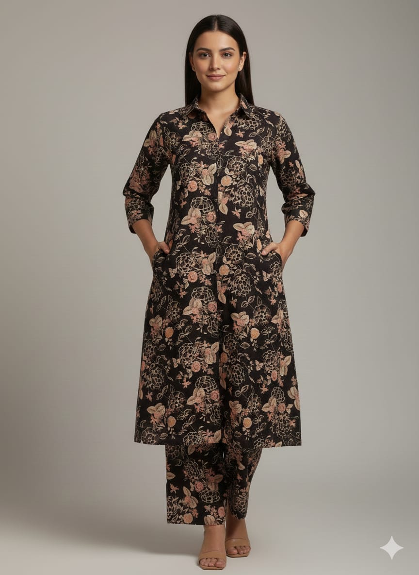 Women’s Black with Gold Floral Printed Cotton Kurta Set with Straight Pants