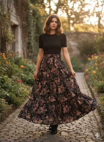 Women’s Black Gold Rose Floral Printed Cotton Tiered Skirt