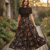 Women’s Black Gold Rose Floral Printed Cotton Tiered Skirt