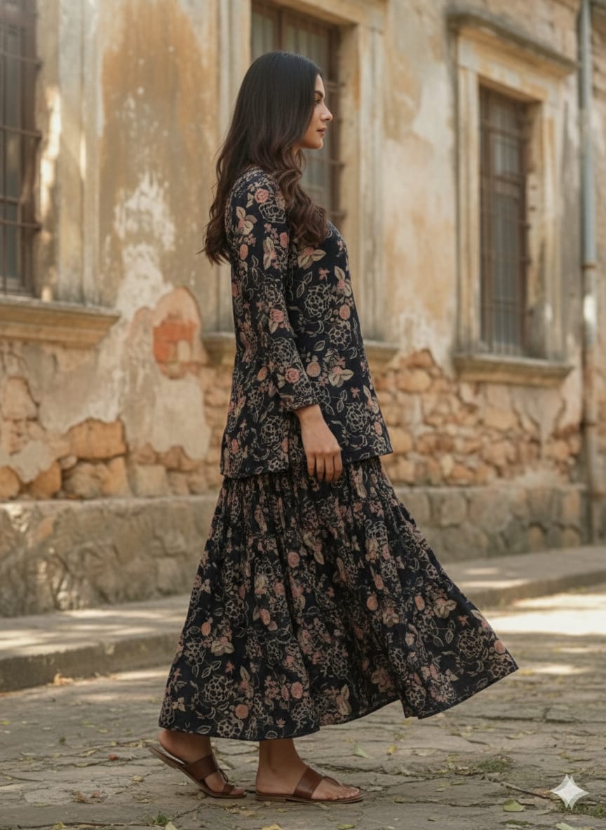 Women’s Gold Rose Floral Printed Cotton Kurta with Flared Skirt Set