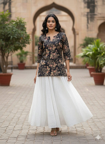 Women’s Gold Rose Floral Printed Cotton Kurta with Chikankari Flared Skirt Set