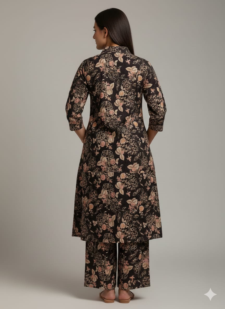 Women’s Black with Gold Floral Printed Cotton Kurta Set with Straight Pants