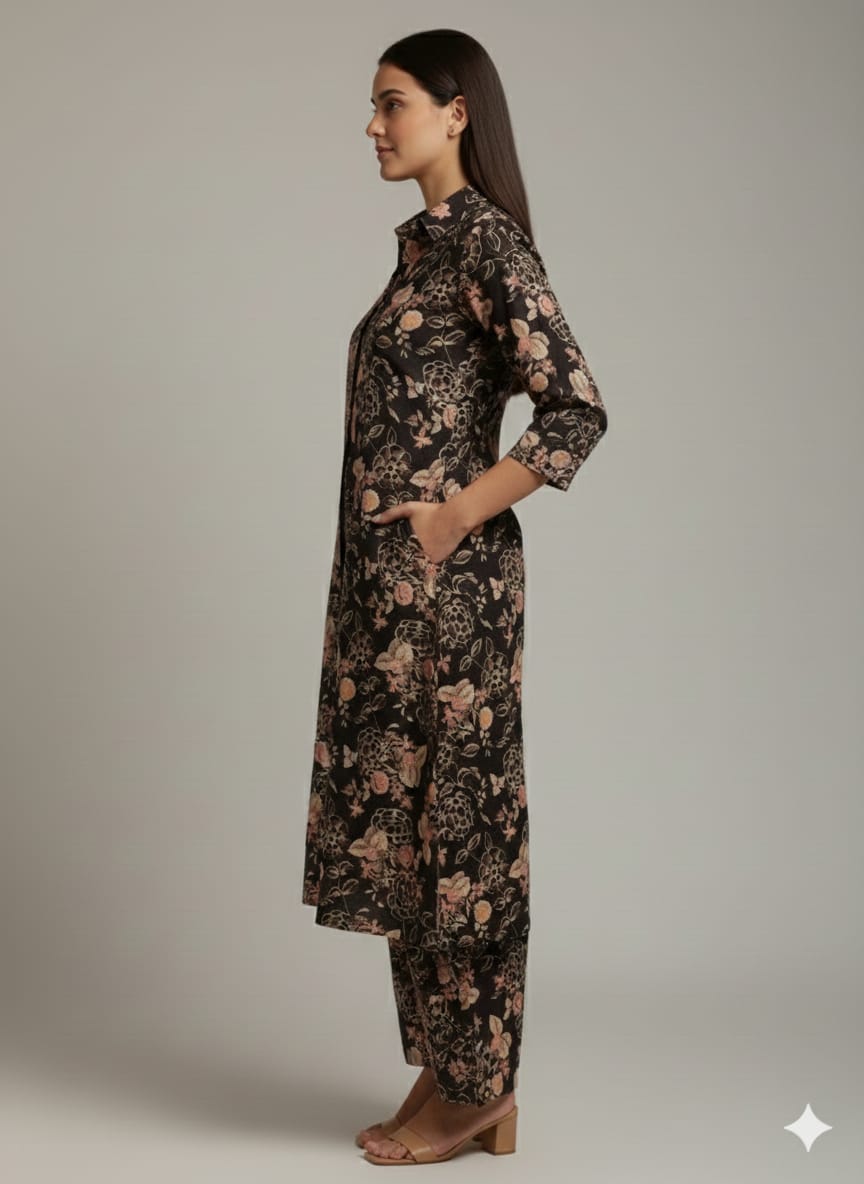 Women’s Black with Gold Floral Printed Cotton Kurta Set with Straight Pants