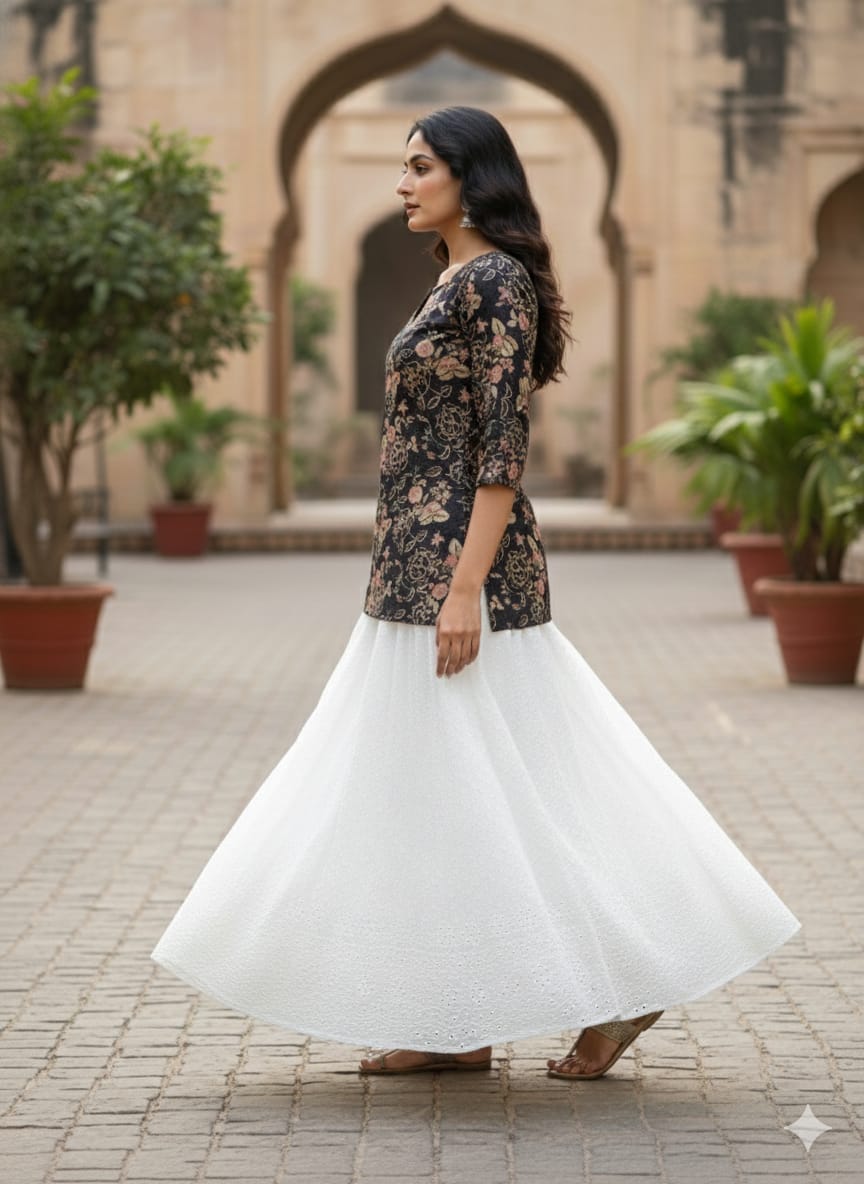 Women’s Gold Rose Floral Printed Cotton Kurta with Chikankari Flared Skirt Set