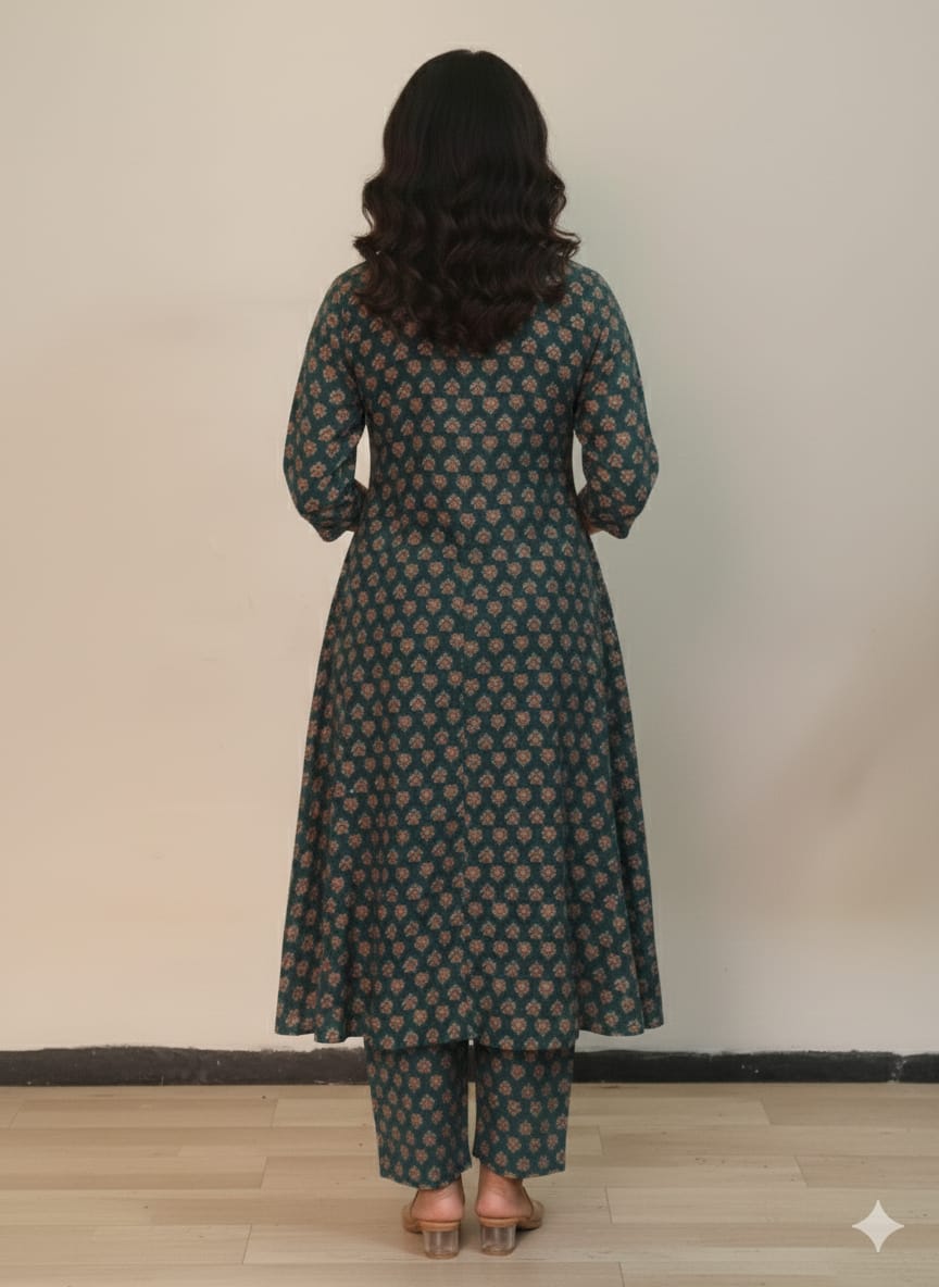 Women’s Bottel Green Floral Printed Chanderi Kurta Set with Straight Pants