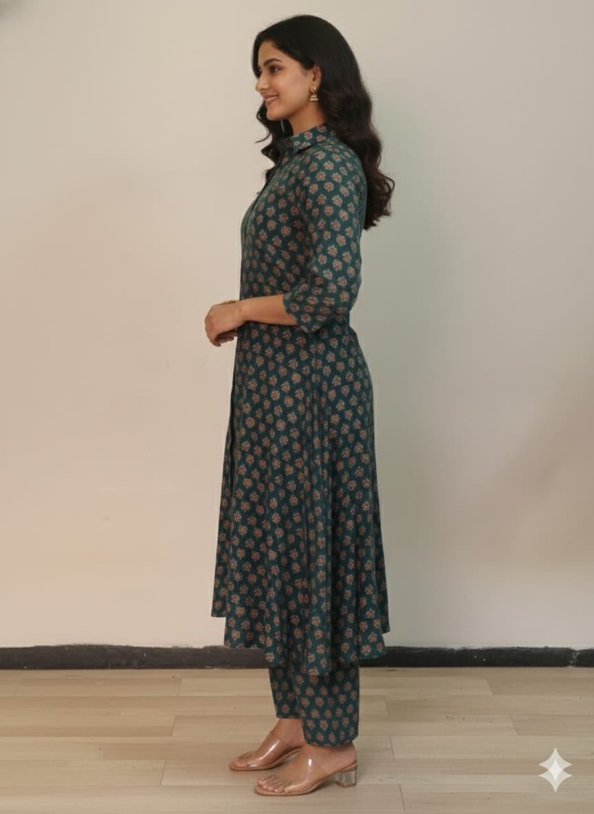Women’s Bottel Green Floral Printed Chanderi Kurta Set with Straight Pants