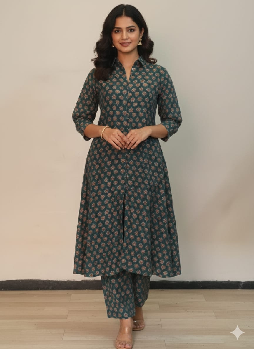Women’s Bottel Green Floral Printed Chanderi Kurta Set with Straight Pants