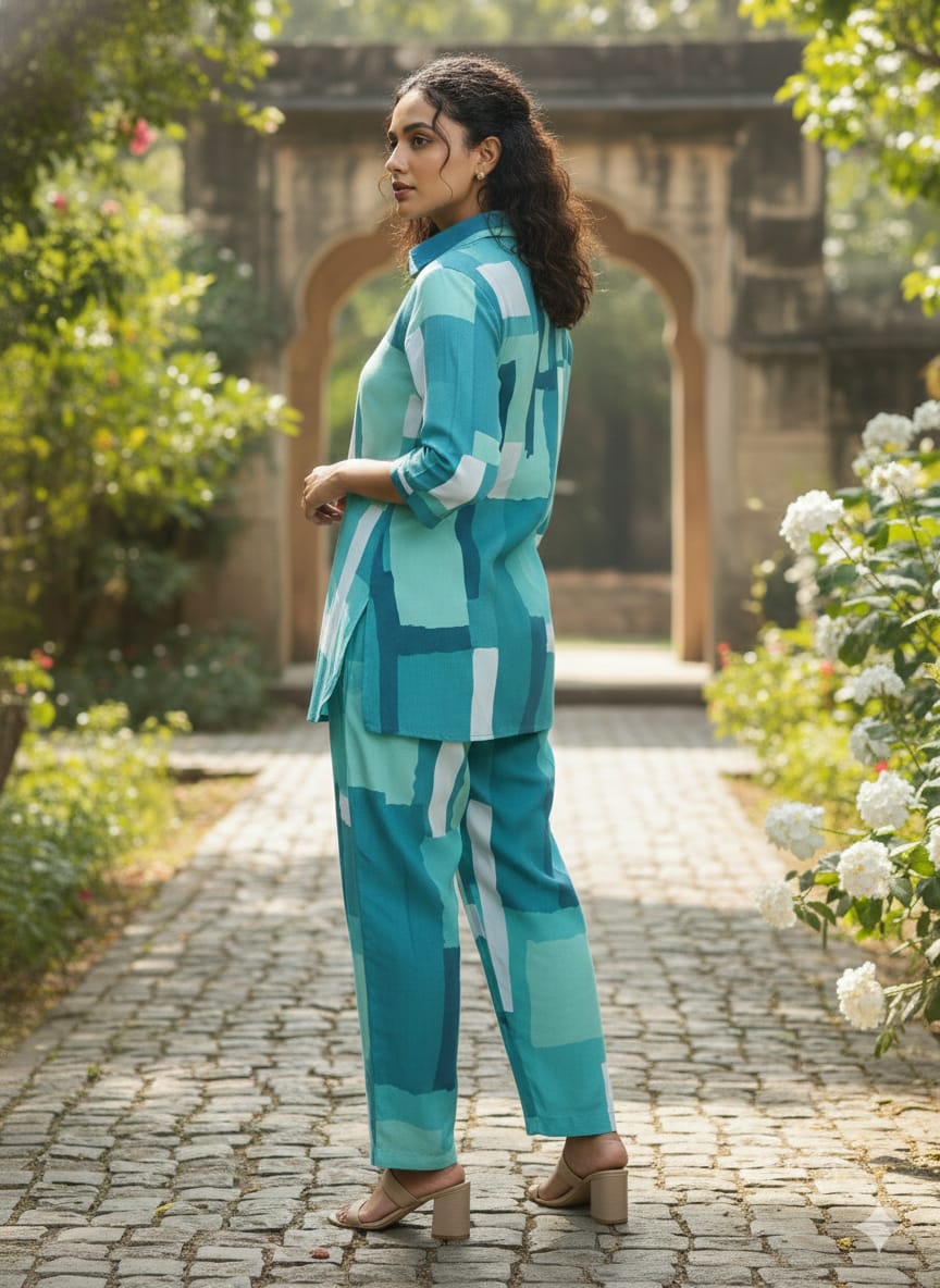 Women’s Green Abstract Box Printed Rayon Shirt & Pant Co-Ord Set