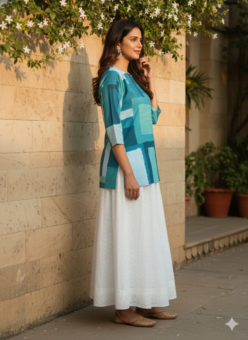 Women’s Green Box Abstract Printed Rayon Kurta with Chikankari Flared Skirt Set