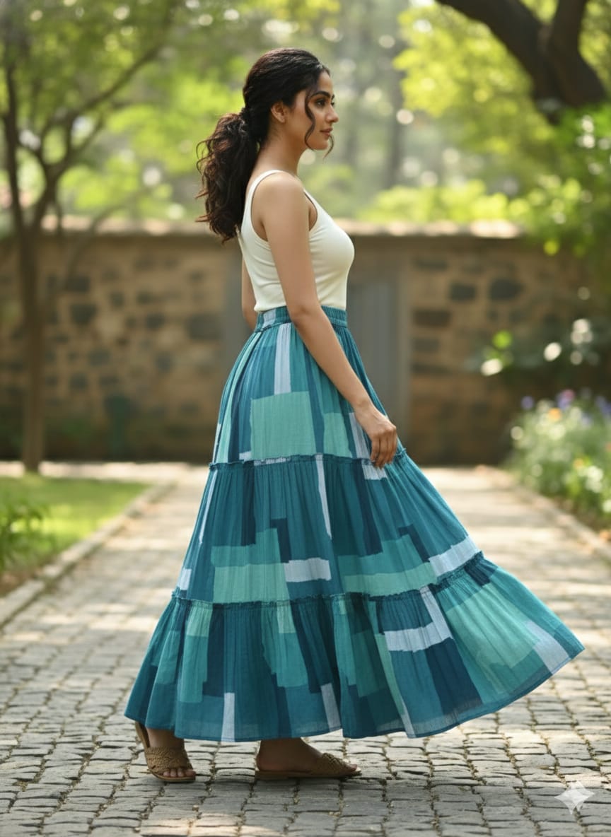 Women’s Green Box Abstract Printed Rayon Tiered Skirt