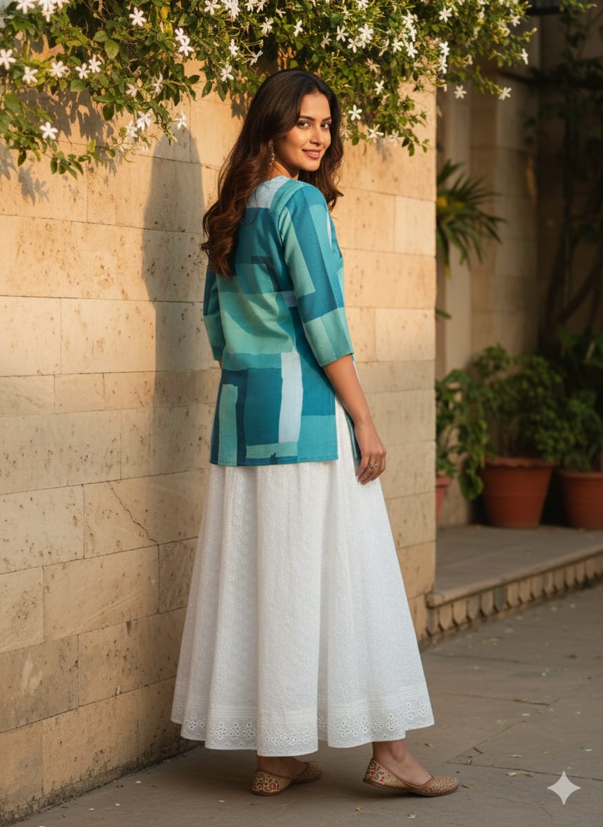 Women’s Green Box Abstract Printed Rayon Kurta with Chikankari Flared Skirt Set