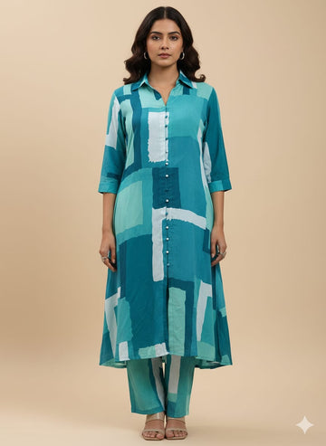 Women’s Green Abstract Printed Rayon Kurta Set with Straight Pants