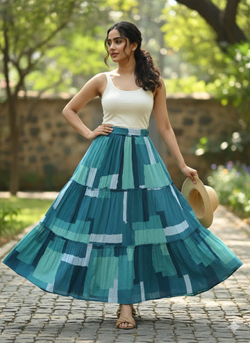 Women’s Green Box Abstract Printed Rayon Tiered Skirt