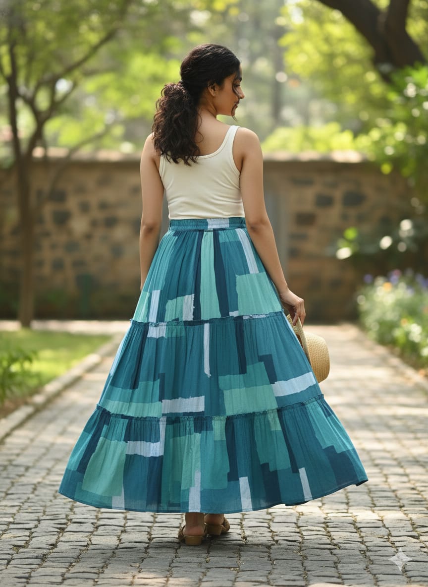 Women’s Green Box Abstract Printed Rayon Tiered Skirt
