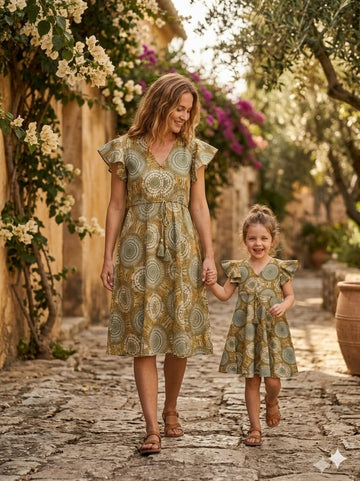Mom & Me Green Circular Printed Cotton Umbrella Style A-Line Dress with Drawstring Waist