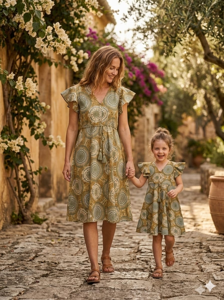 Mom & Me Green Circular Printed Cotton Umbrella Style A-Line Dress with Drawstring Waist
