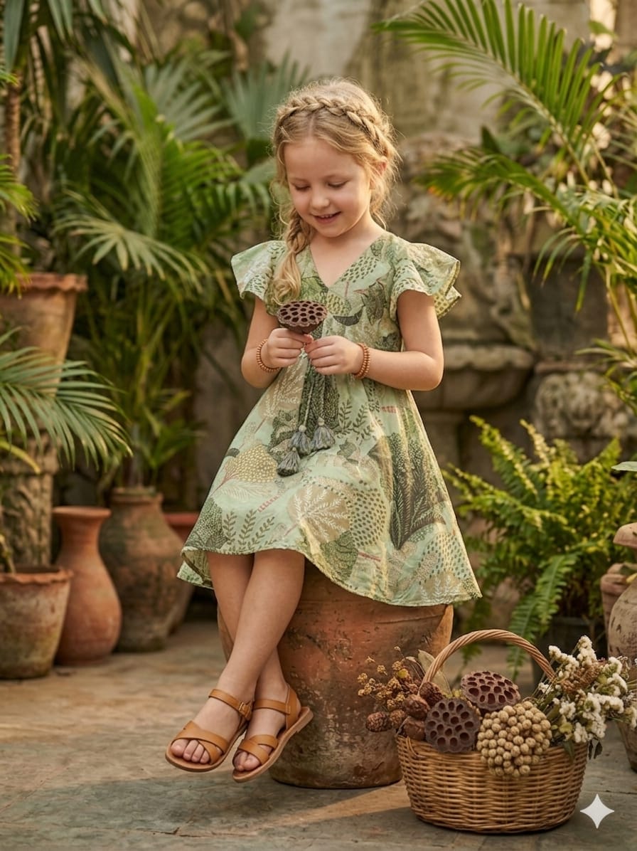 Mom & Me Green Jaal Printed Chanderi Umbrella Style A-Line Dress with Drawstring Waist