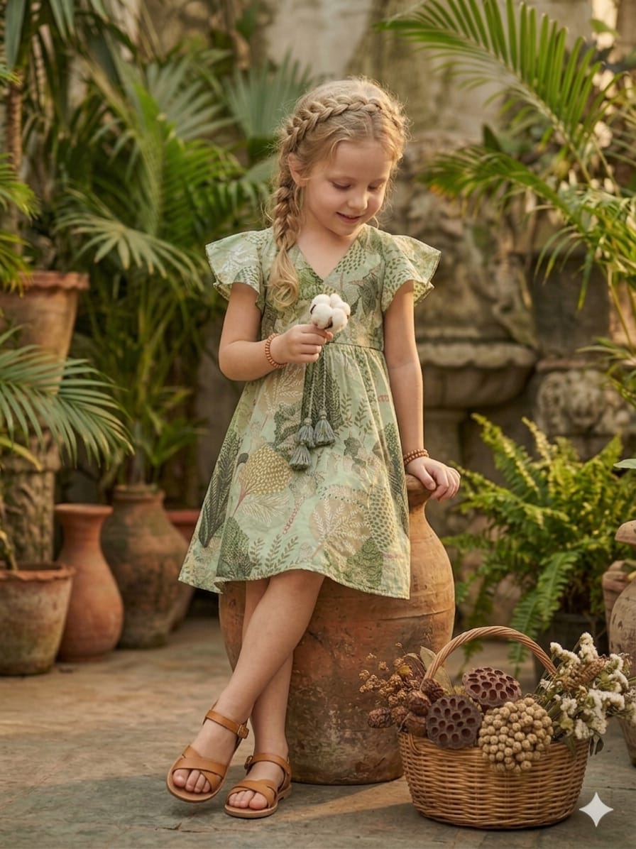 Mom & Me Green Jaal Printed Chanderi Umbrella Style A-Line Dress with Drawstring Waist