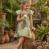 Baby Girls Green Floral Printed Chanderi Umbrella Style A-Line Dress with Flutter Sleeves