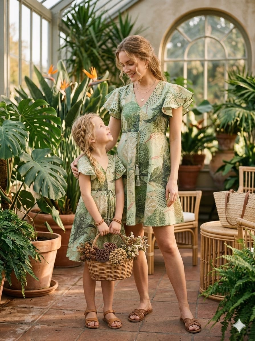 Mom & Me Green Jaal Printed Chanderi Umbrella Style A-Line Dress with Drawstring Waist