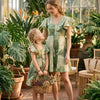 Mom & Me Green Jaal Printed Chanderi Umbrella Style A-Line Dress with Drawstring Waist