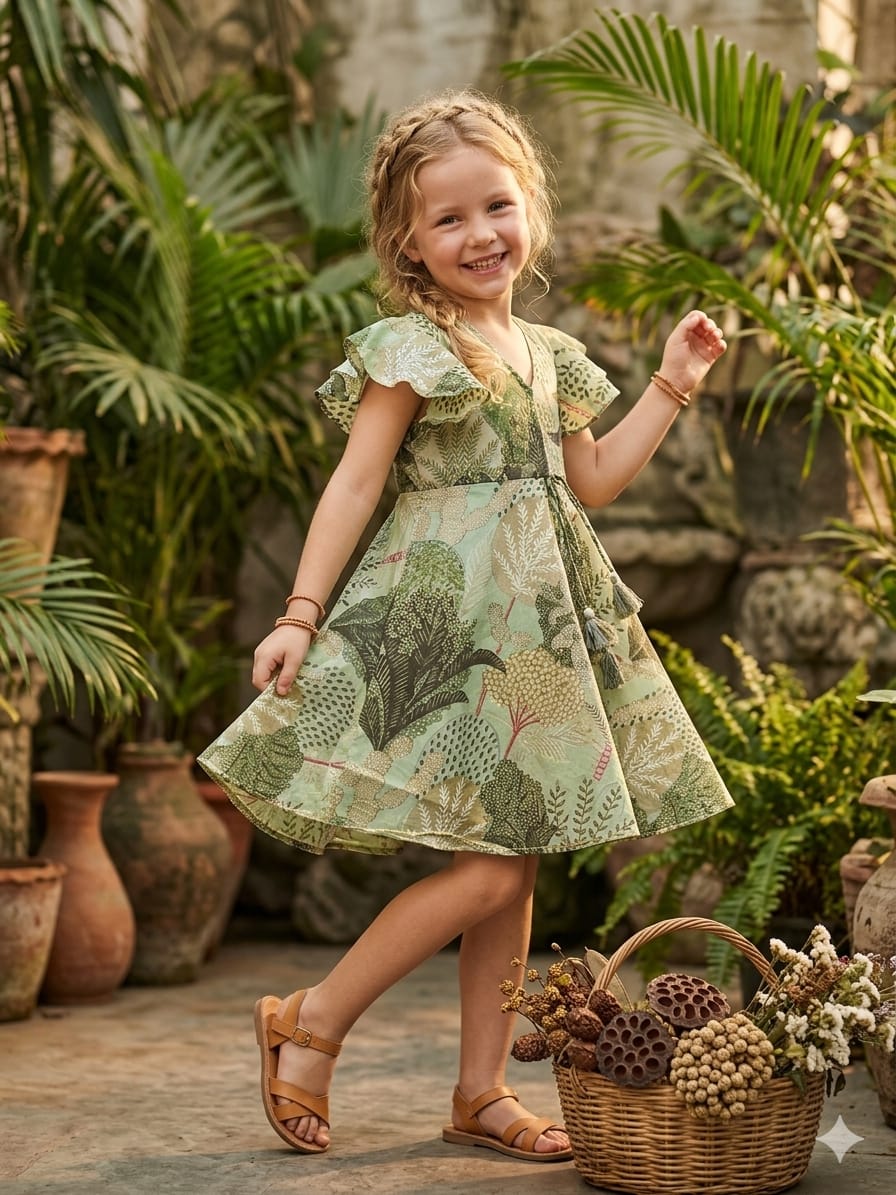 Baby Girls Green Floral Printed Chanderi Umbrella Style A-Line Dress with Flutter Sleeves