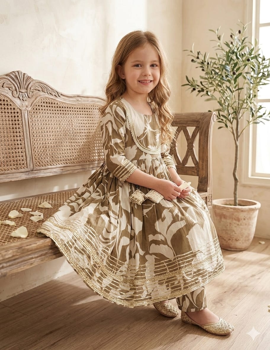 Baby Girl Green Leaf Print Cotton Anarkali Kurta Set
