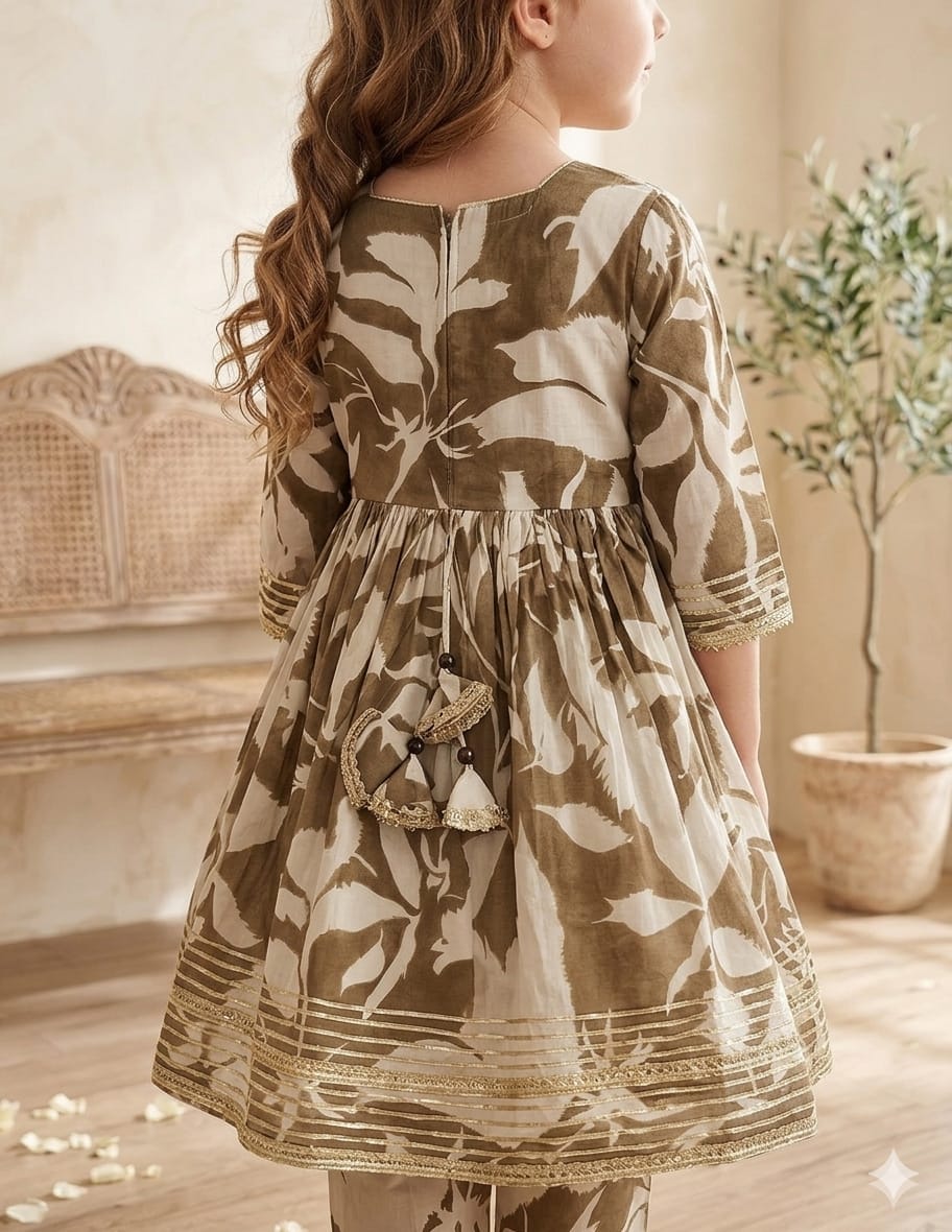 Baby Girl Green Leaf Print Cotton Anarkali Kurta Set