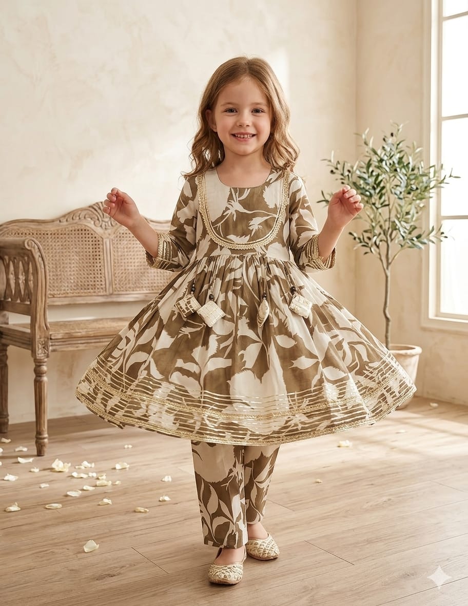 Baby Girl Green Leaf Print Cotton Anarkali Kurta Set
