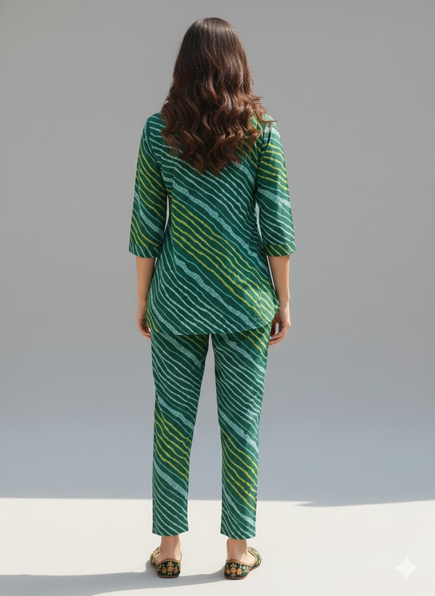 Women’s Green Leheriya Stripes Printed Cotton Shirt & Pant Co-Ord Set