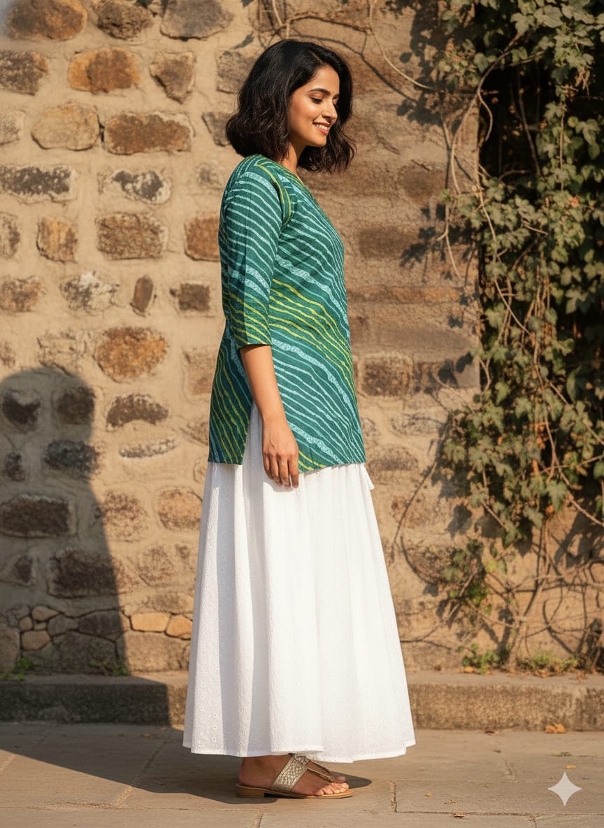 Women’s Green Leheriya Printed Cotton Kurta with Chikankari Flared Skirt Set