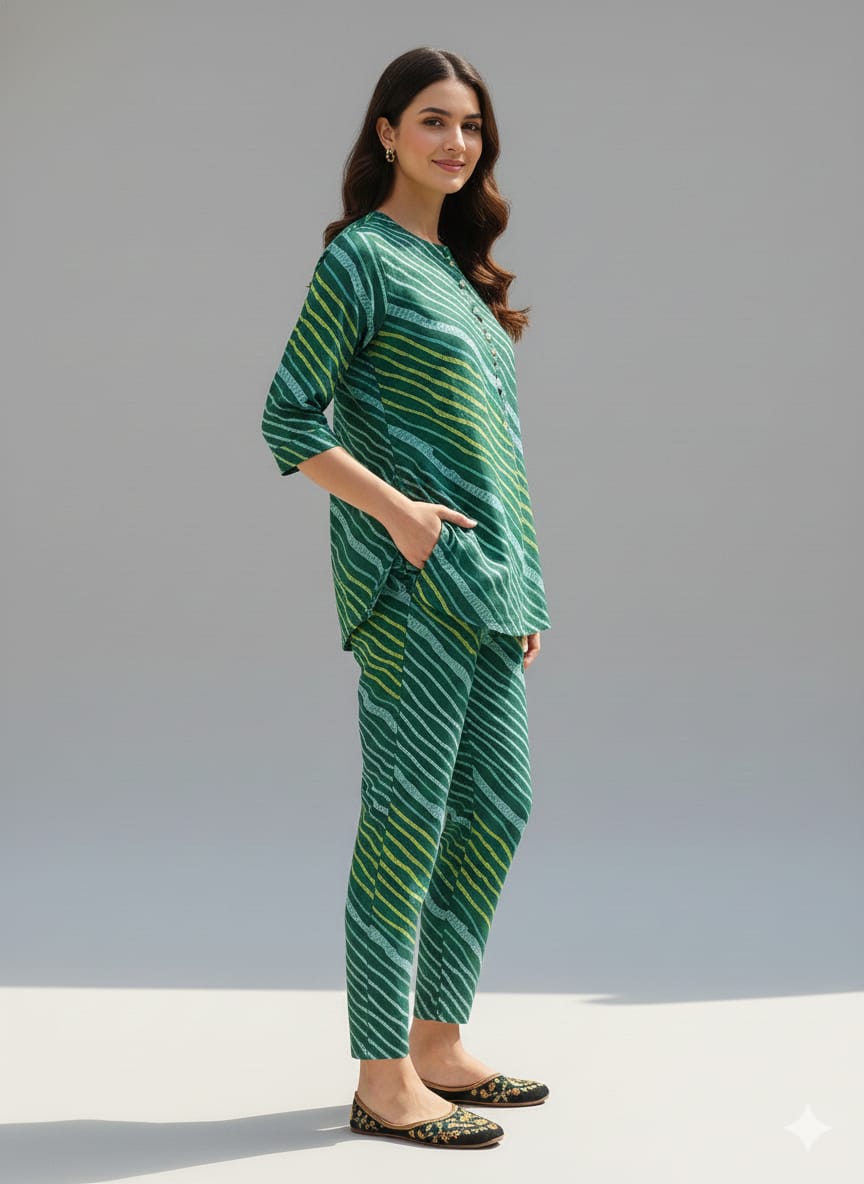 Women’s Green Leheriya Stripes Printed Cotton Shirt & Pant Co-Ord Set