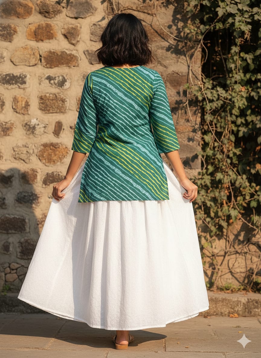 Women’s Green Leheriya Printed Cotton Kurta with Chikankari Flared Skirt Set