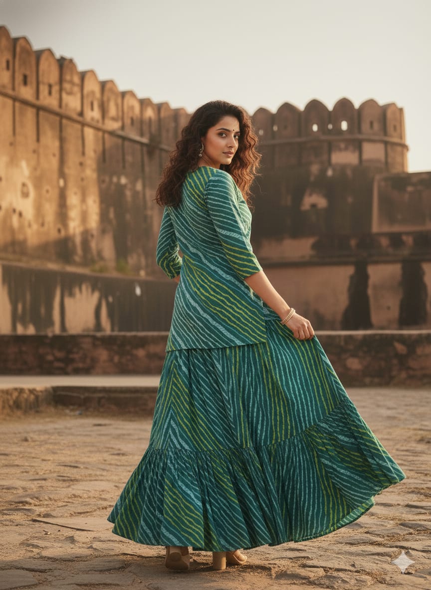 Women’s Green Leheriya Printed Cotton Kurta with Flared Skirt Set