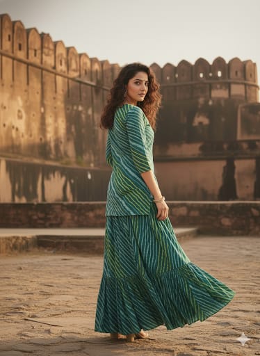Women’s Green Leheriya Printed Cotton Kurta with Flared Skirt Set